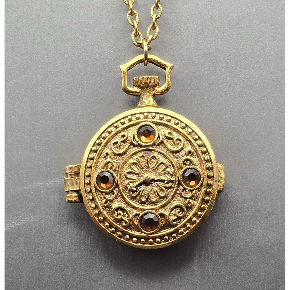 VTG Mary Chess Perfume Locket Necklace 23" Gold Tone Ornate Rhinestones 1960s